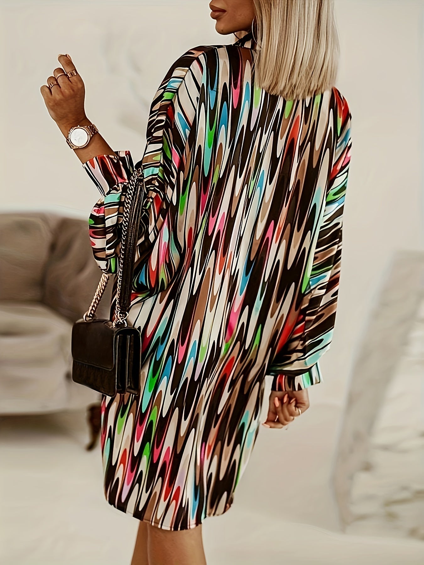  Colorblock Allover Print Button Up Long Sleeve Blouse