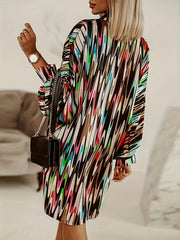  Colorblock Allover Print Button Up Long Sleeve Blouse