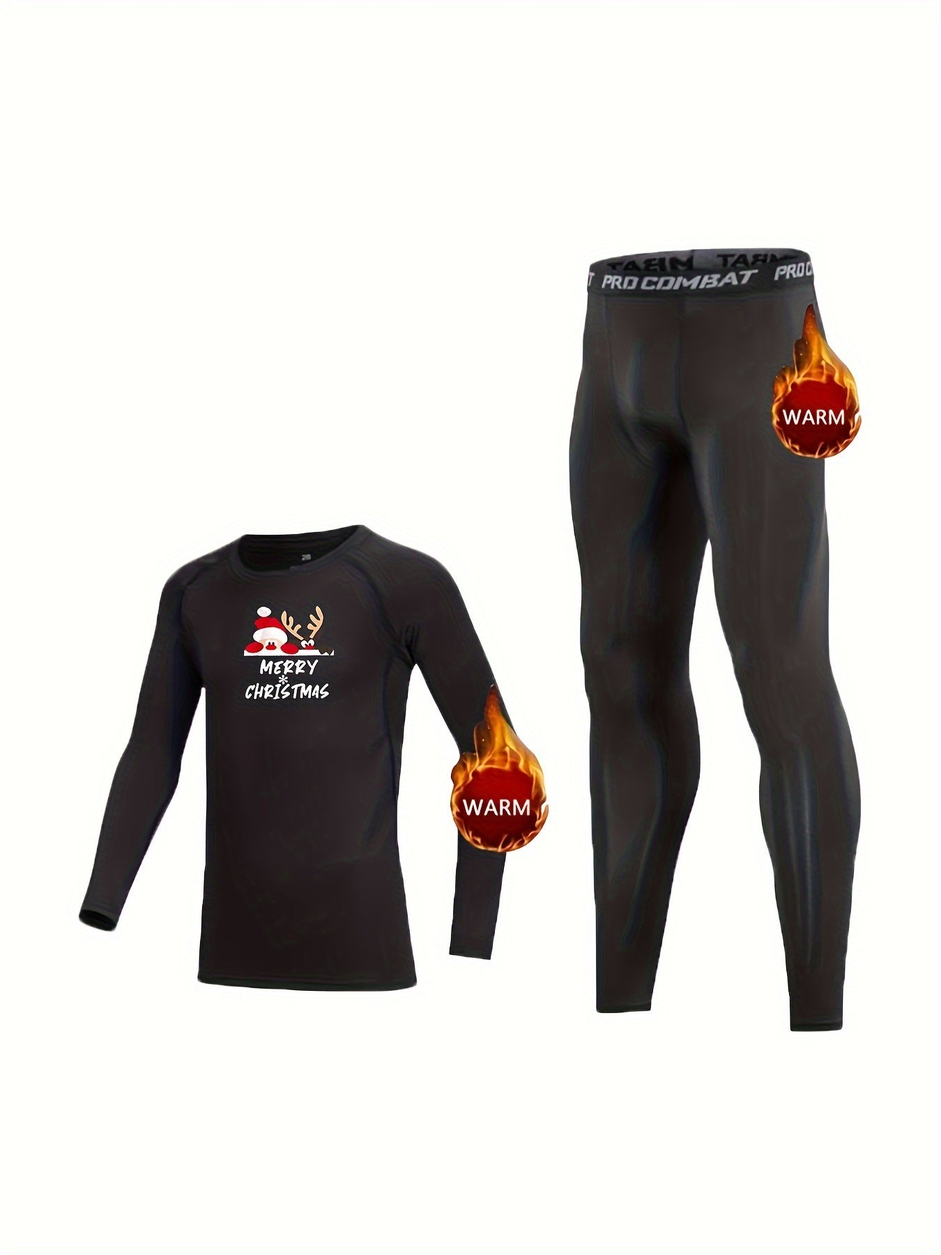 Kids Fleece Lined Compression Base Set Christmas Deer Print Tops & Leggings