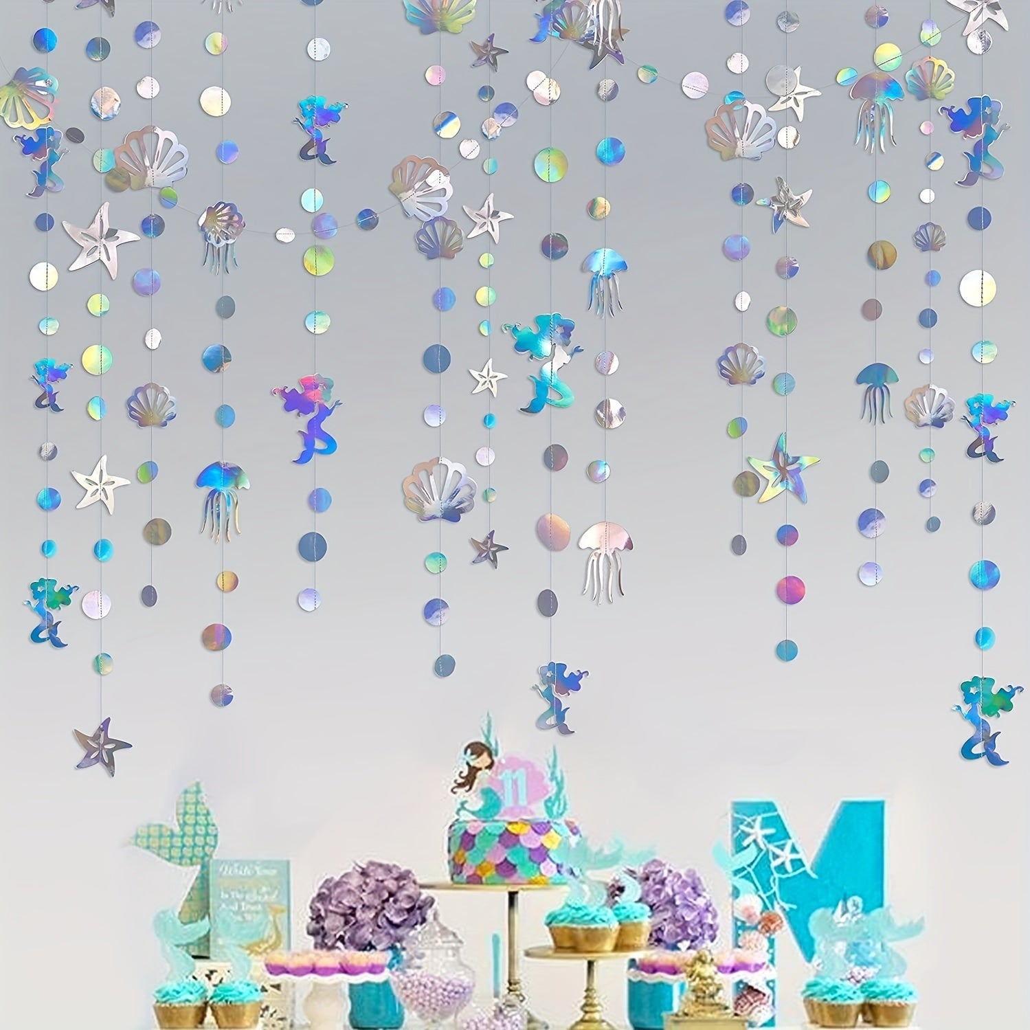 4M Iridescent Mermaid Garland Jellyfish Sea Star Pearl Holographic Streamer