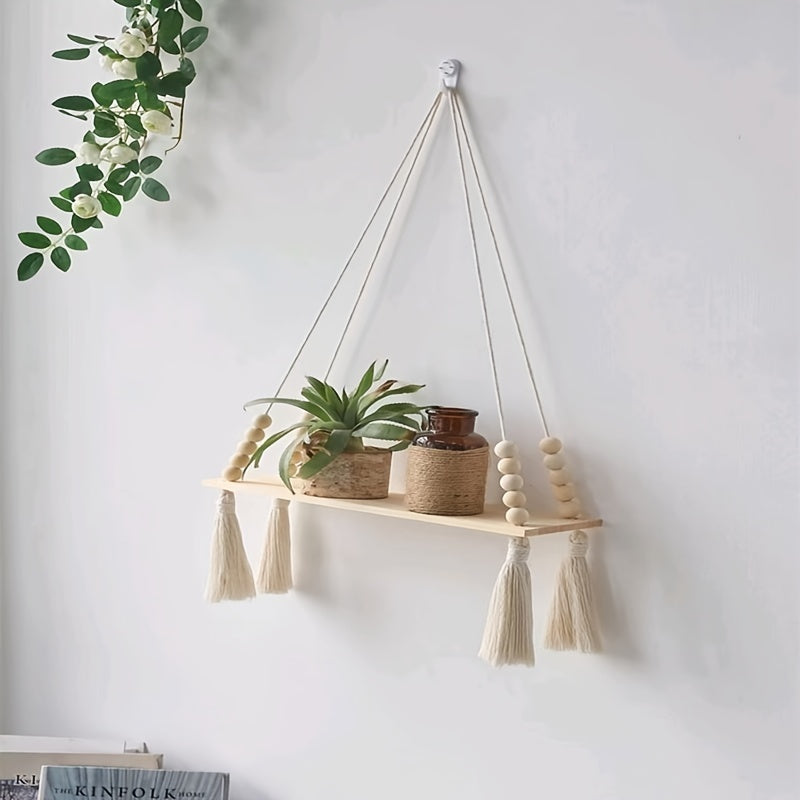 Tassel Woven Wall Hanging Shelf Board Home Bathroom Bar Decor