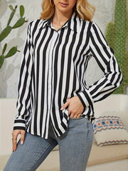  Stripe Print Button Up Long Sleeve Collar Shirt Top