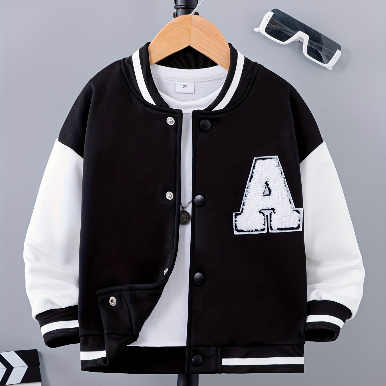 Letter Patched Kid's Baseball Jacket Button Front Long Sleeve Top