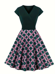  Colorblock Plaid Print Cap Sleeve Dress
