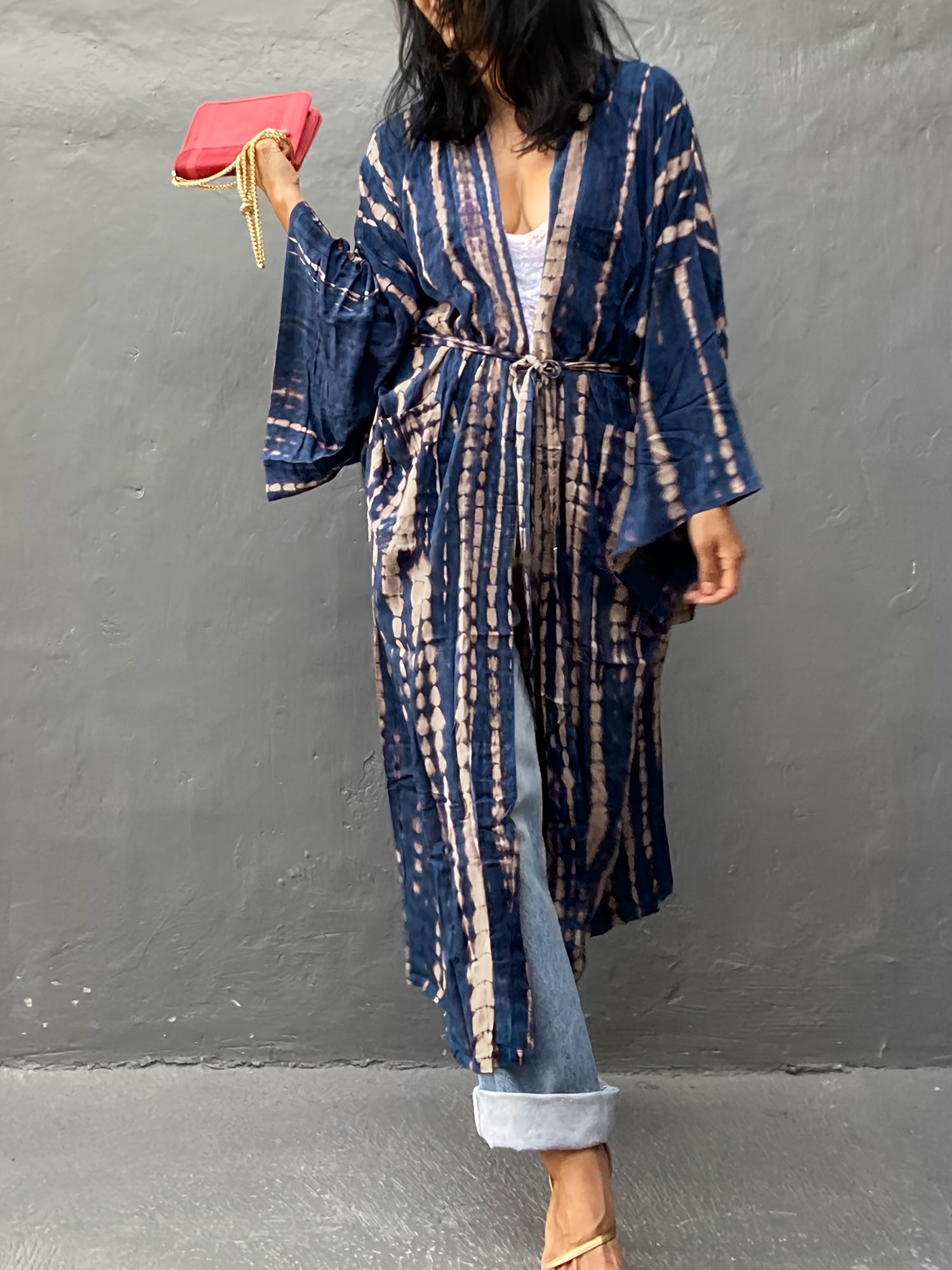 Tie Dye Striped Batwing Sleeve Maxi Beach Cover Up