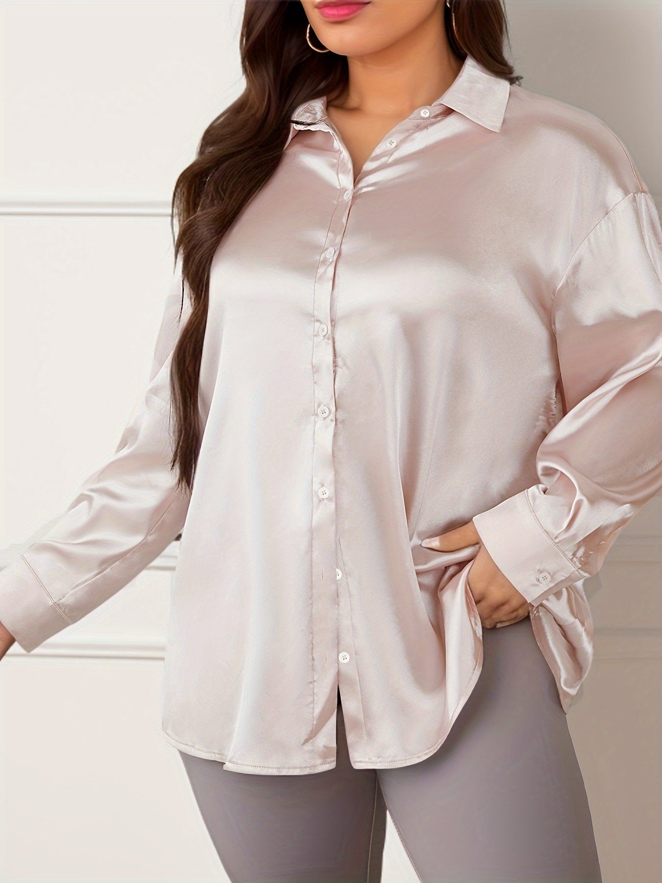  Solid Satin Long Sleeve Button Up Blouse