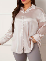 Solid Satin Long Sleeve Button Up Blouse