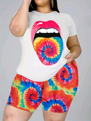  Lip Print T-shirt & Short Pants Set Women's Casual Stretch 2 Pcs Set