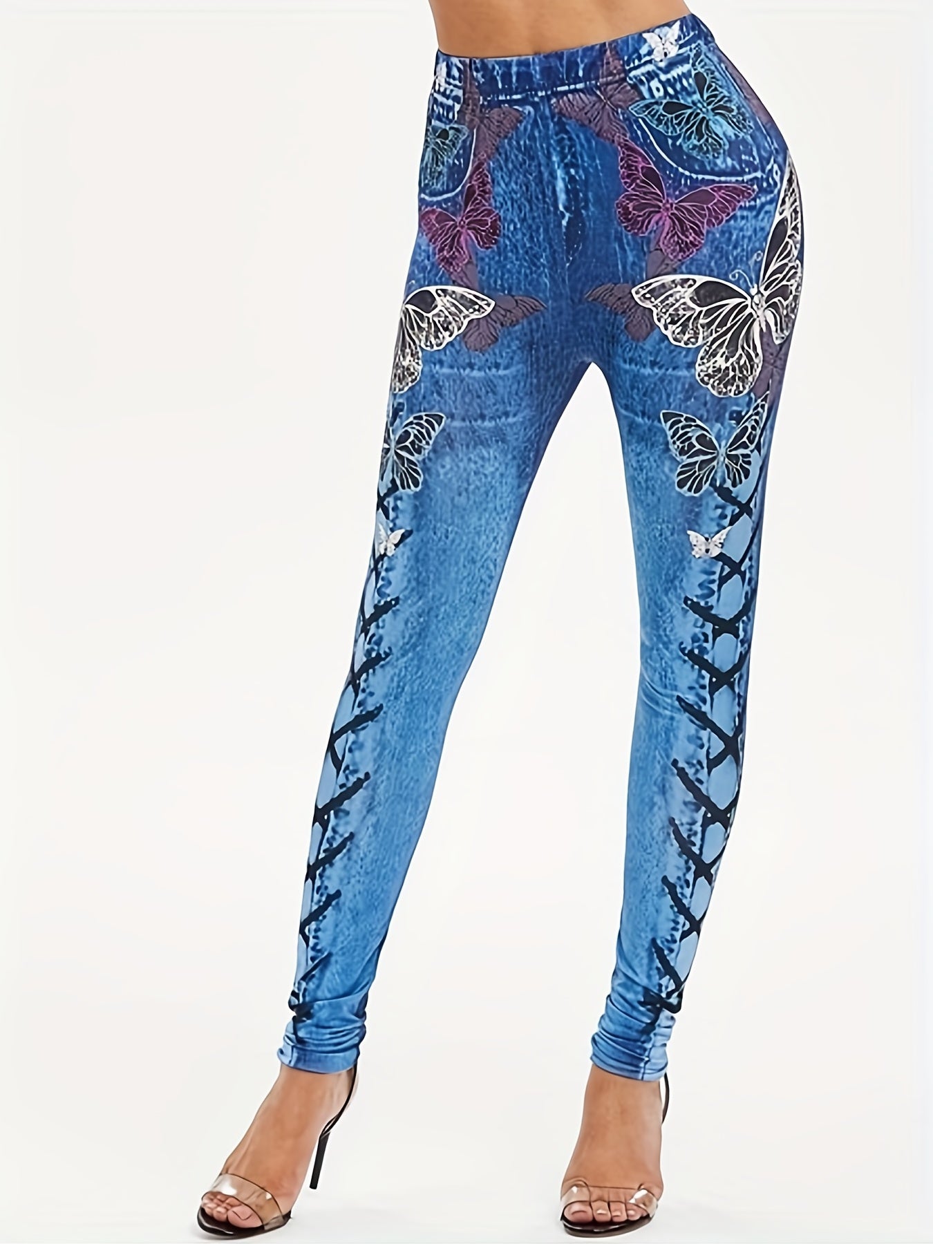  Butterfly & Denim Print High Rise Leggings
