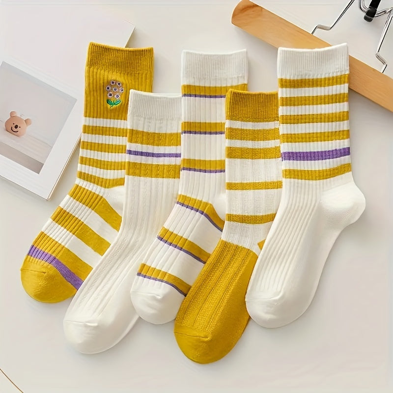 5 Pairs Striped Crew Socks Women's Stockings & Hosiery