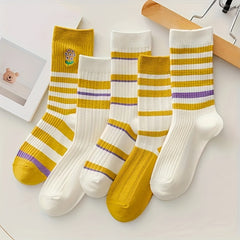 5 Pairs Striped Crew Socks Women's Stockings & Hosiery