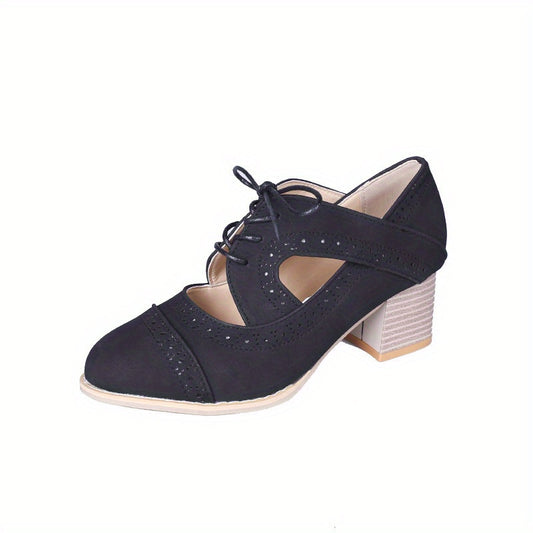 Women's Perforated Brogues Chunky Heels Cut out Lace Up Pointed Toe Short Boots