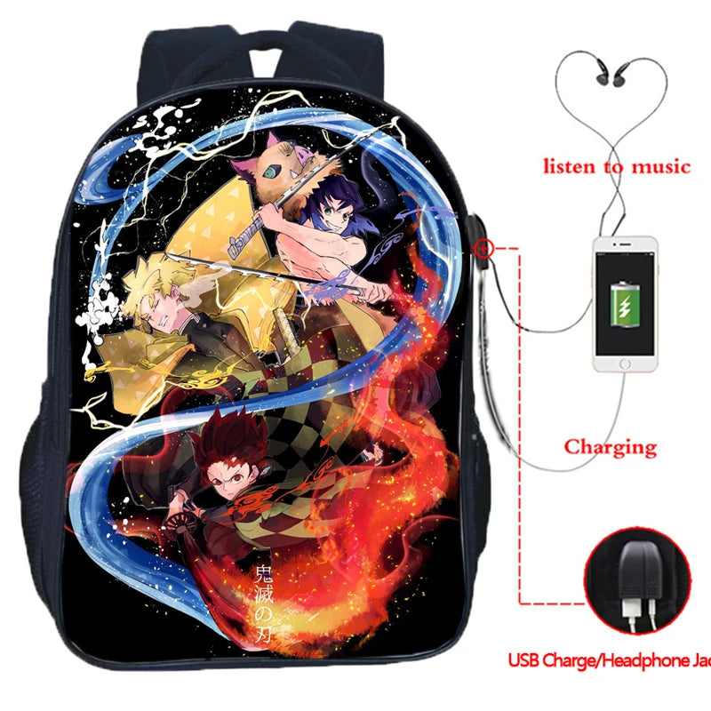 16 Inch Demon Slayer USB Backpack Kimetsu No Yaiba School Bag