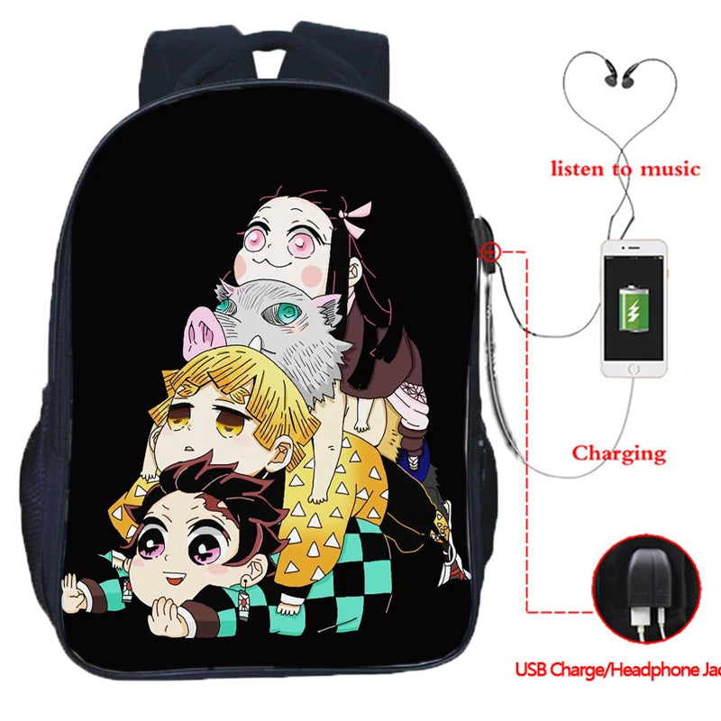 16 Inch Demon Slayer USB Backpack Kimetsu No Yaiba School Bag