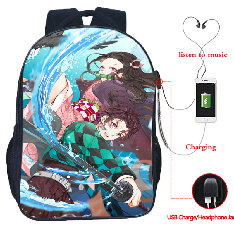 16 Inch Demon Slayer USB Backpack Kimetsu No Yaiba School Bag