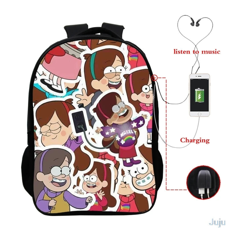 16" Gravity Falls USB Charge Backpack Cartoon School Bag