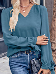  Casual Blouse Women's Solid Textured Long Sleeve V Neck Shirt