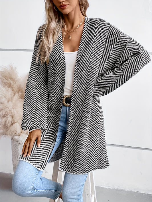  Women's Herringbone Print Open Front Cardigan