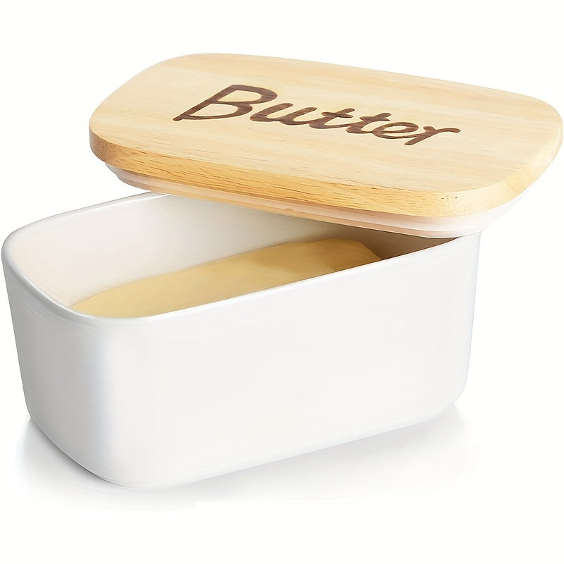 Ceramic Butter Box With Wooden Lid Kitchen Storage Holder