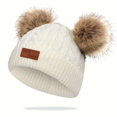 Kids Double Fur Ball Beanie Knitted Hat Autumn Winter Warm Ear Protection