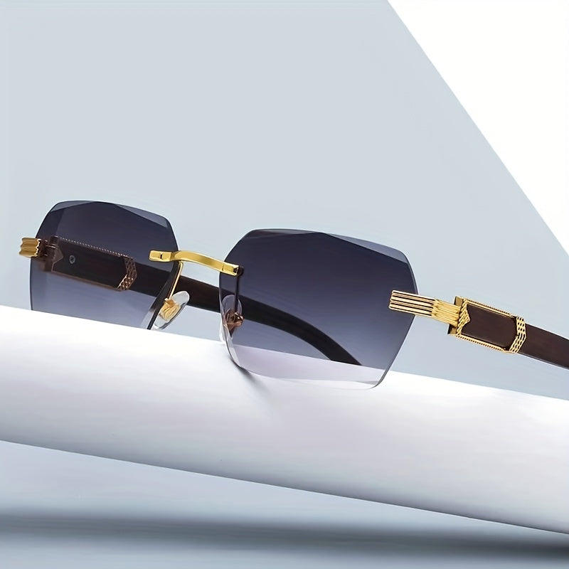 Men's Rimless Square Wood Grain Sunglasses UV400