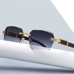 Men's Rimless Square Wood Grain Sunglasses UV400
