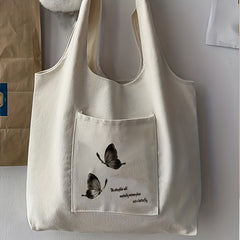 Butterfly Print Canvas Tote Bag Large Shoulder Bag for Shopping & School