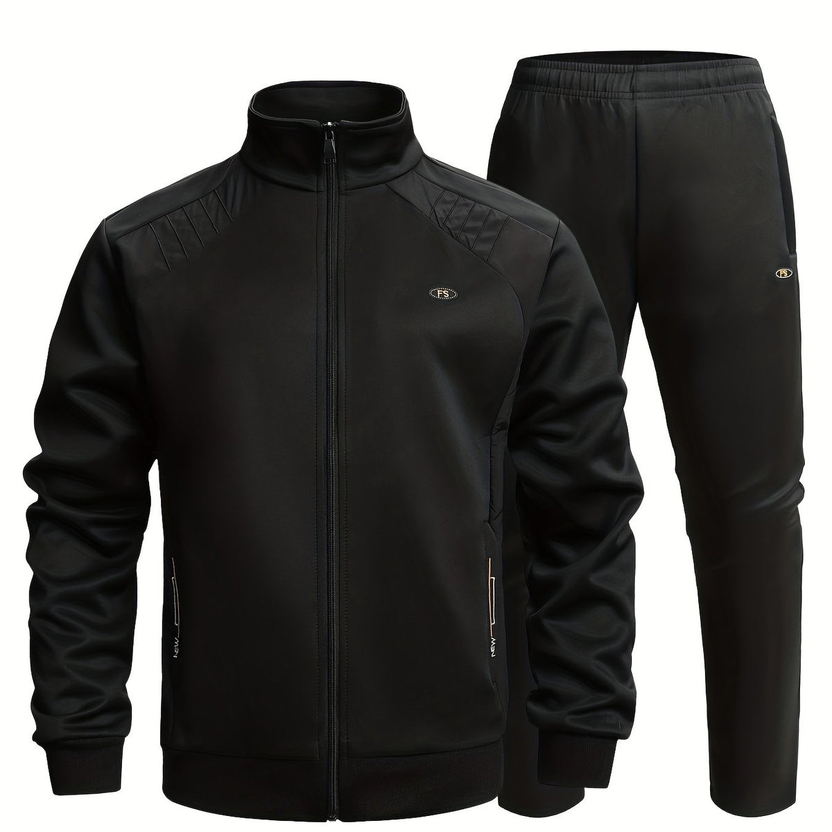 Men's Sports Suit Solid Block Stand Collar Zip Up Jacket & Stretch Waist Pants