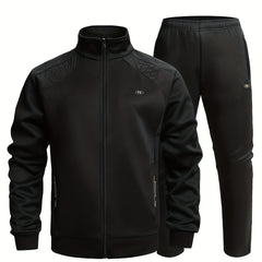 Men's Sports Suit Solid Block Stand Collar Zip Up Jacket & Stretch Waist Pants