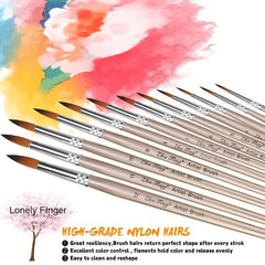 12pcs Professional Paint Brushes Set Round Pointed Tip Nylon Hair