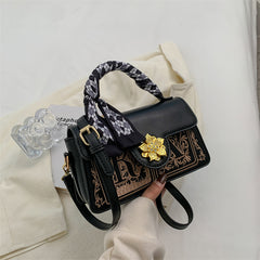 Letter Embroidery Hand Bag Scarf & Metal Decor Flap Crossbody Purse
