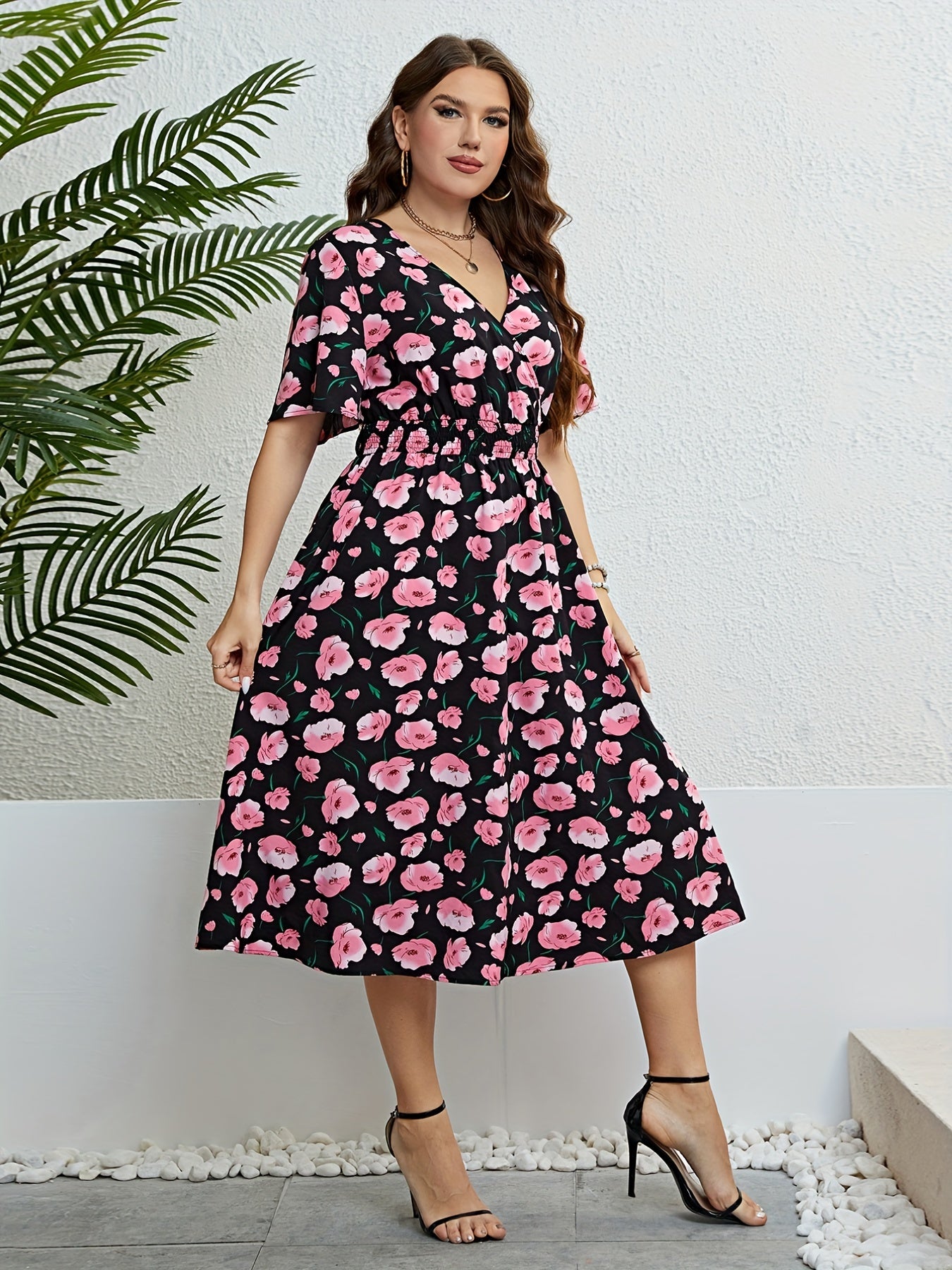  Floral Print Wrap V Neck Summer Dress