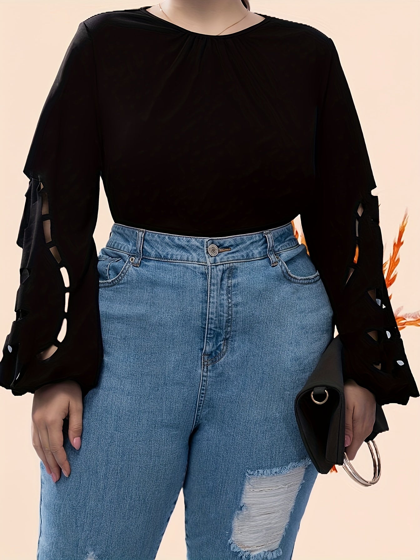  Solid Cut Out Lantern Sleeve Top