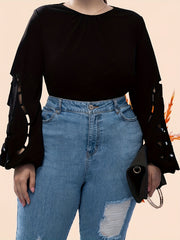  Solid Cut Out Lantern Sleeve Top