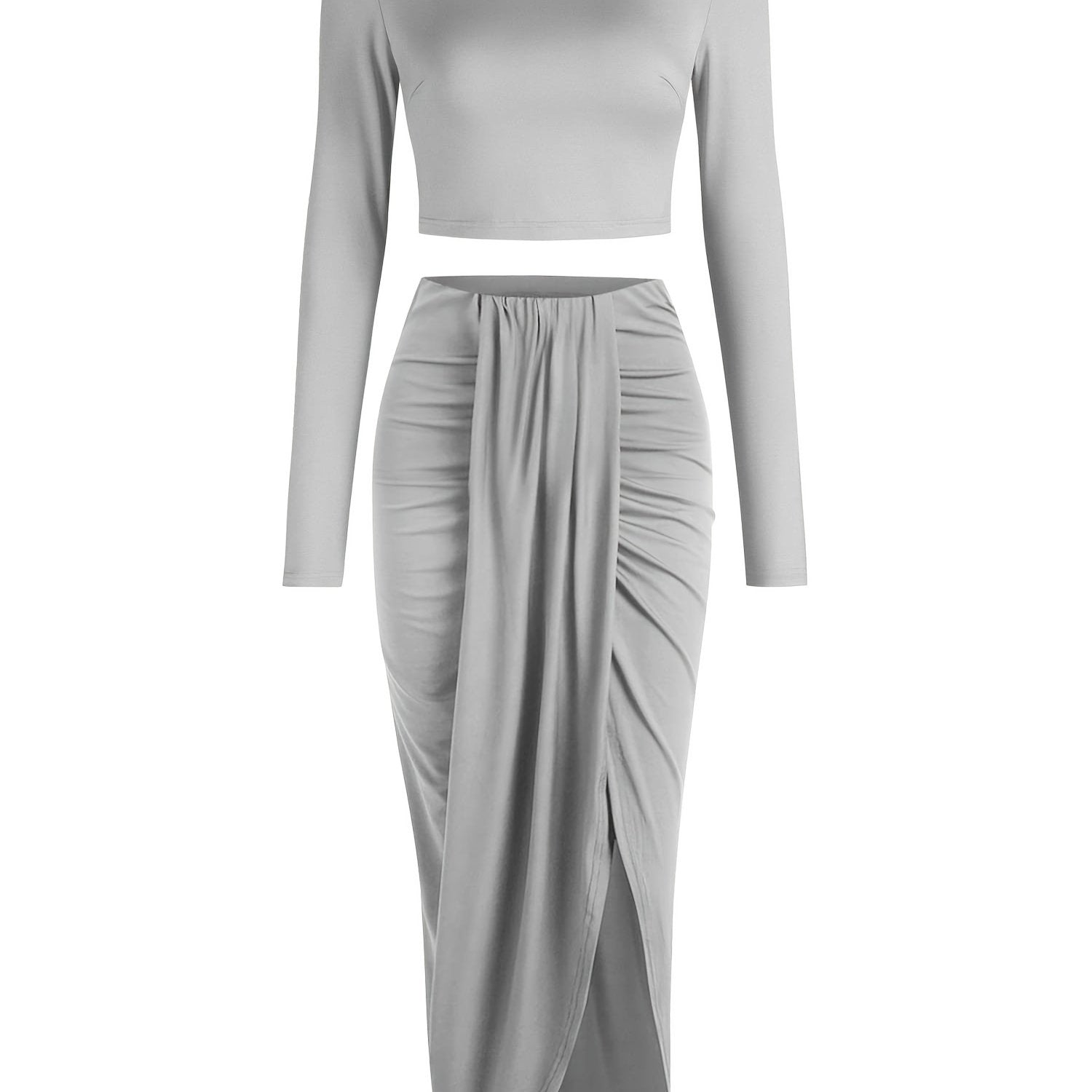 Solid Crop Top & Draped Front Skirt Outfit Set