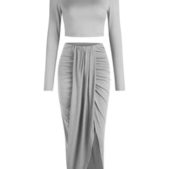  Solid Crop Top & Draped Front Skirt Outfit Set