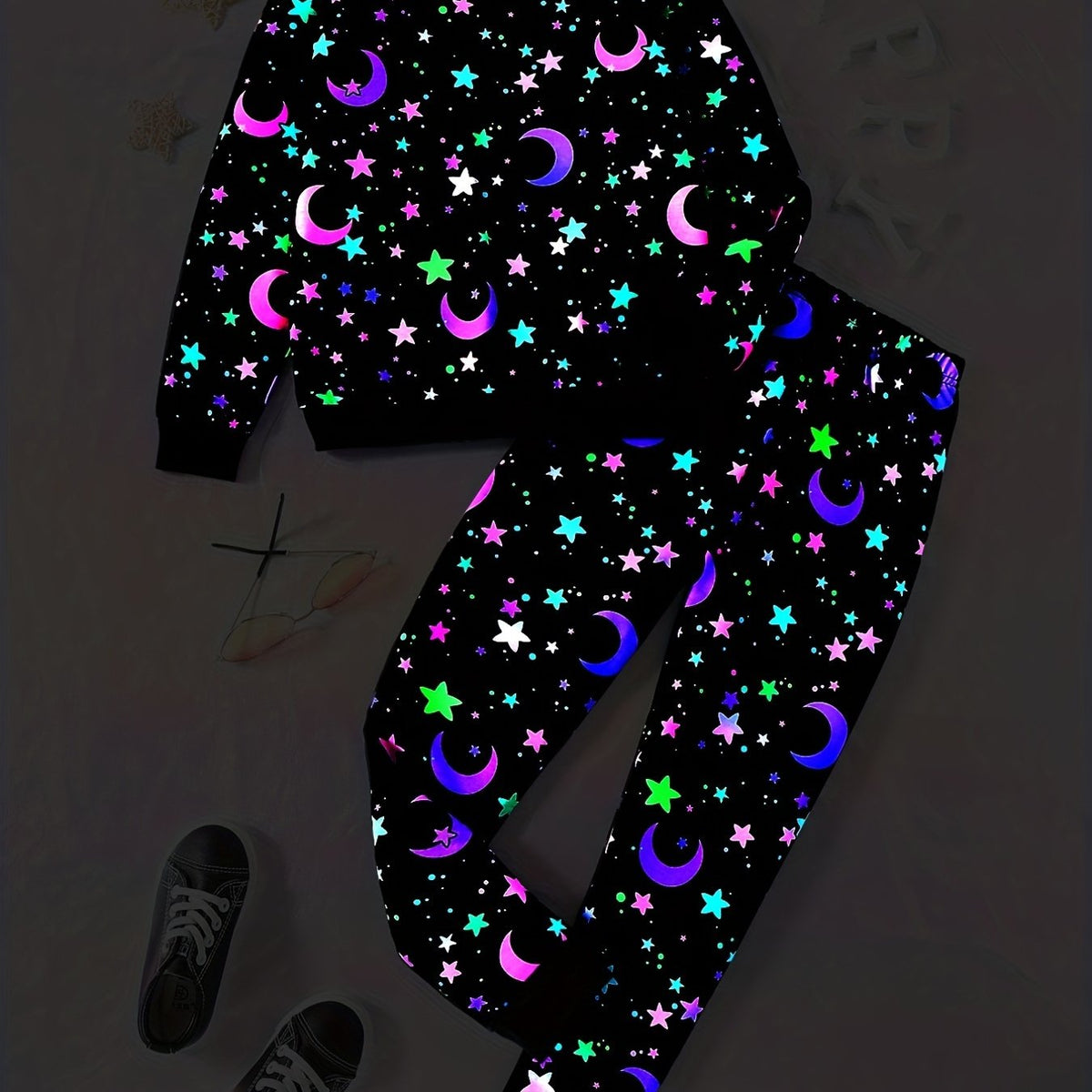Star & Moon Reflective Girl's 2pcs Sweatshirt & Sweatpants Set