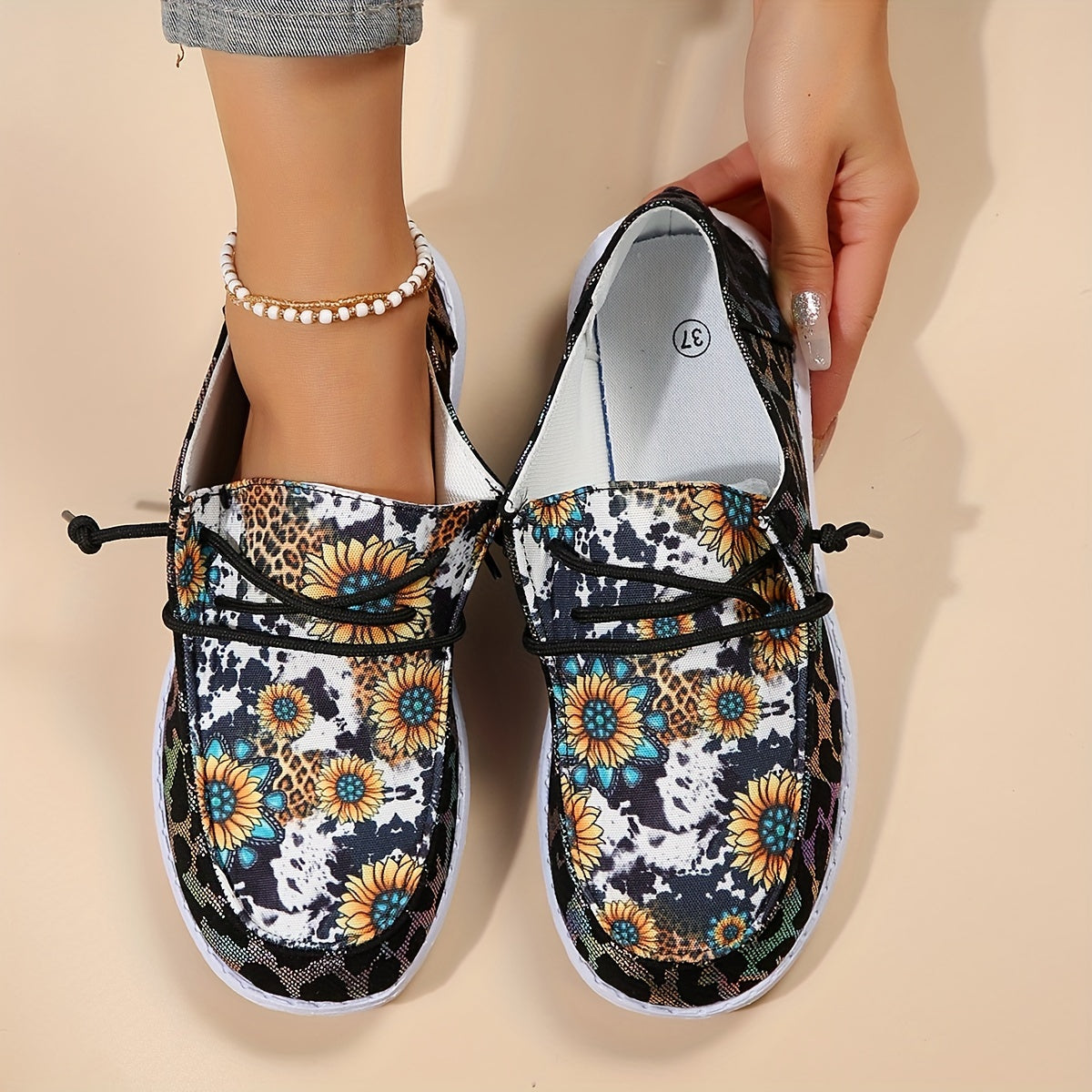 Sunflower & Leopard Print Women's Sneakers Lightweight Walking Shoes