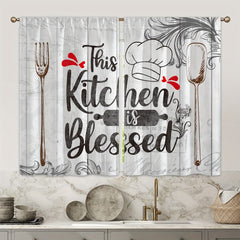 2pcs Vintage Kitchen Blessing Words Half Blackout Curtains