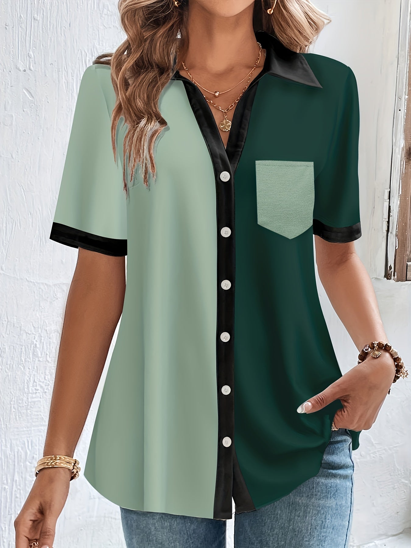  Colorblock Button Up Short Sleeve Blouse