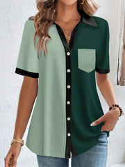  Colorblock Button Up Short Sleeve Blouse