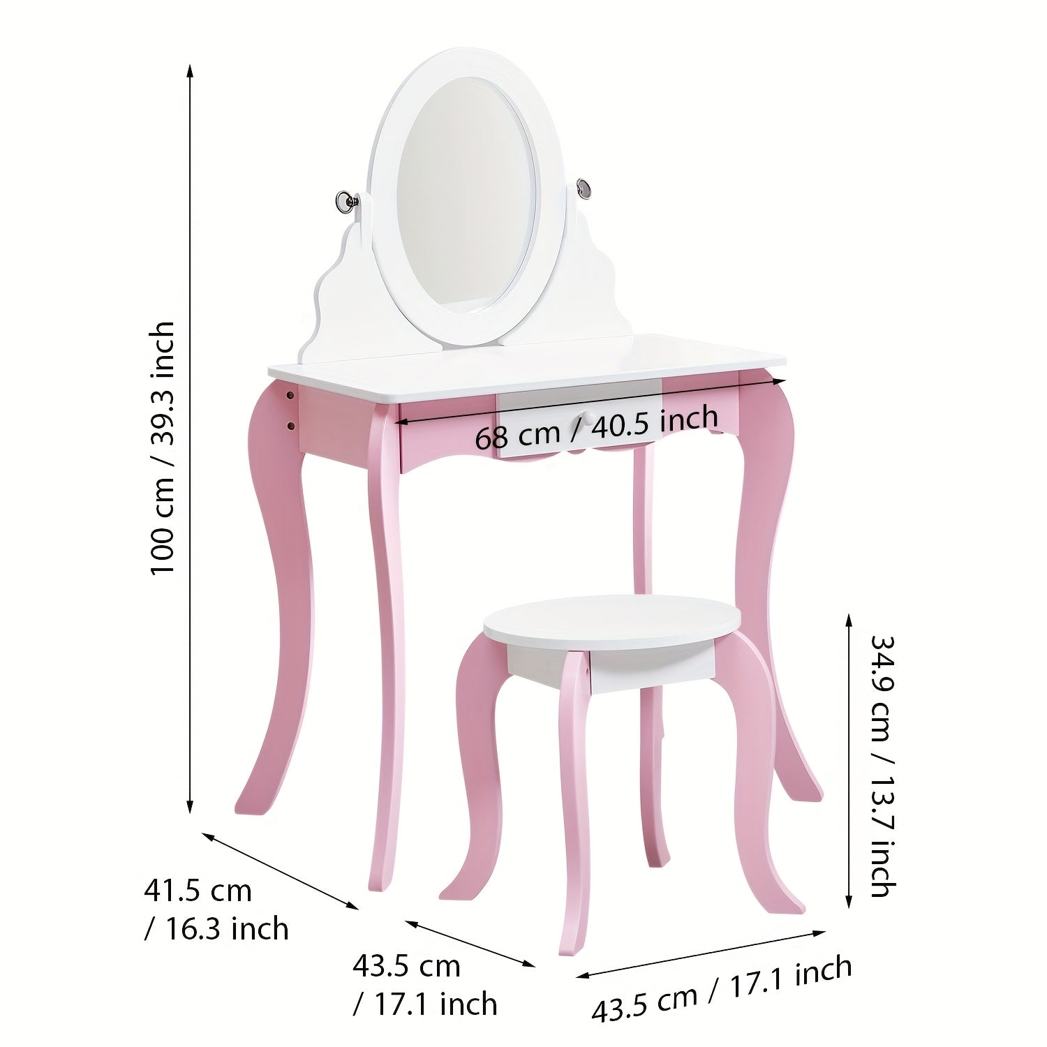 Girls Vanity Set with Mirror and Stool 2 in 1 Top Rotatable Mirror