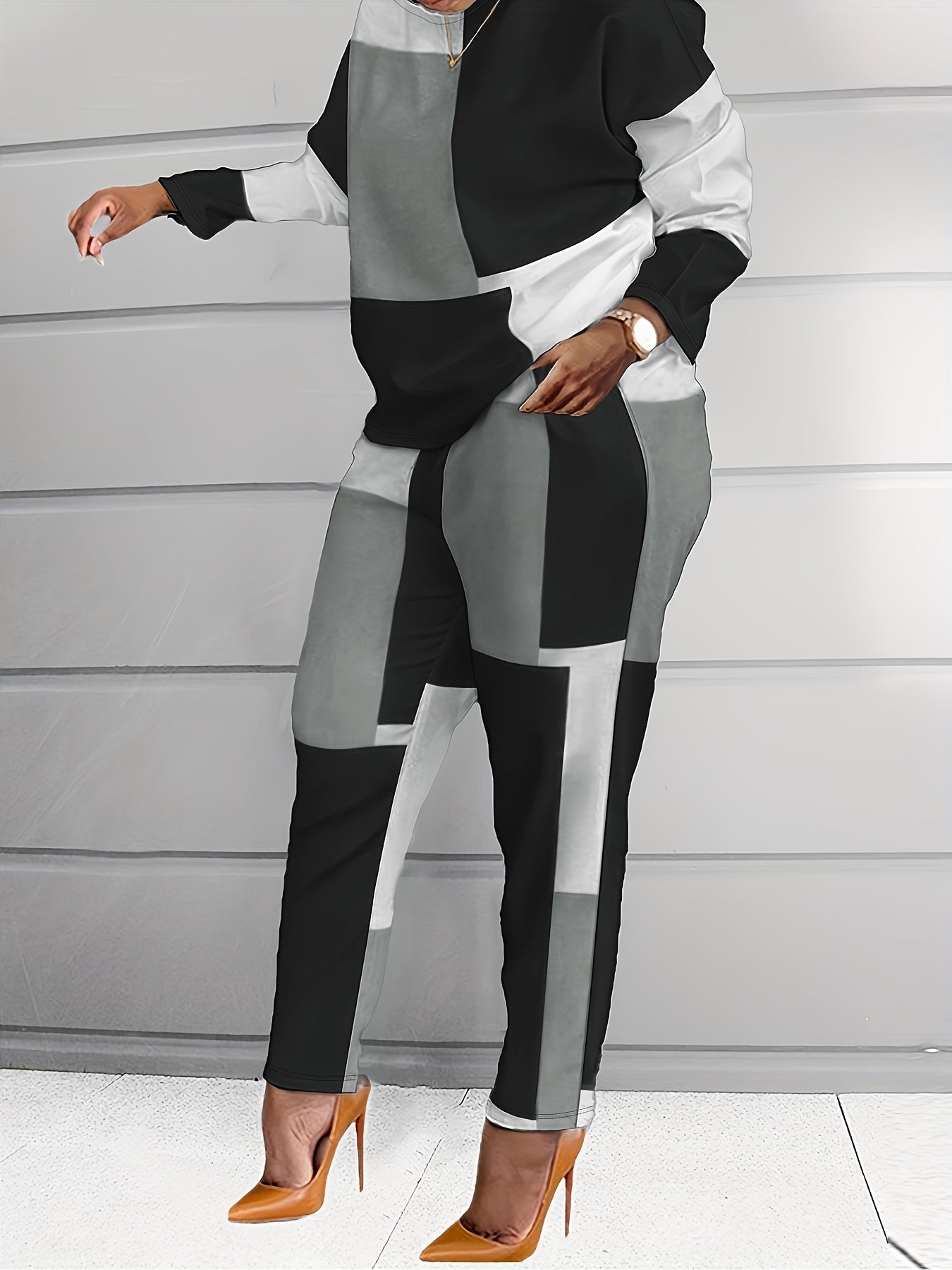  Colorblock Long Sleeve Tops & Pants Set Women's Plus Casual 2pcs Set