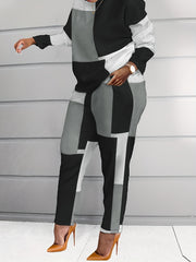  Colorblock Long Sleeve Tops & Pants Set Women's Plus Casual 2pcs Set