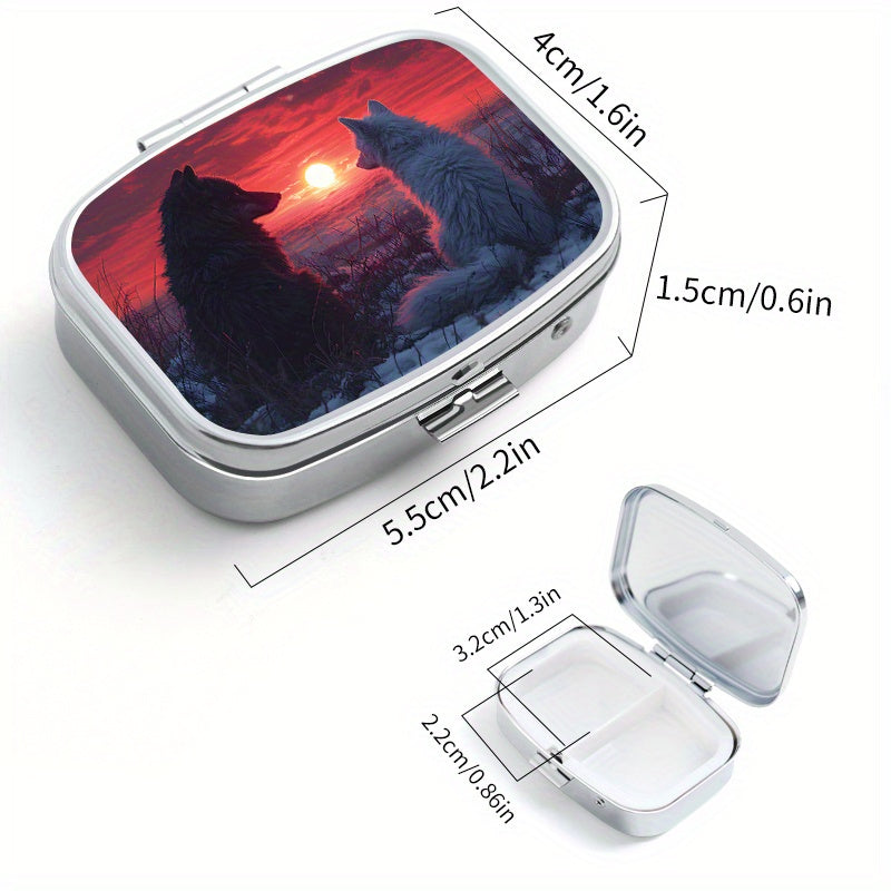 Dual Wolf Pill Organizer 2 Compartment Medicine Case Portable Metal Box