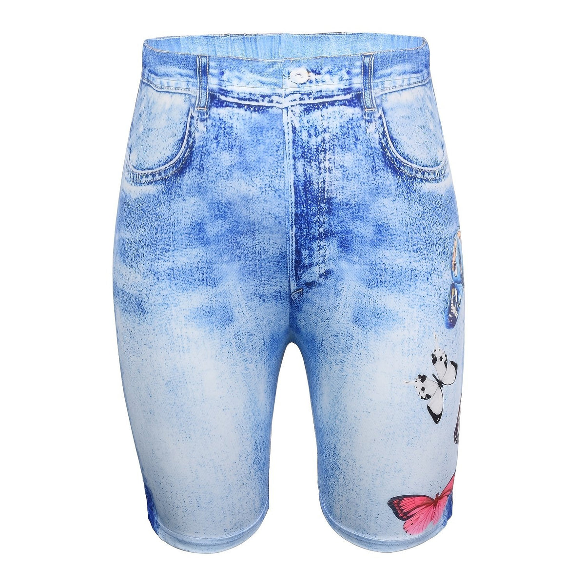  Butterfly & Denim Print Stretchy Shorts Women's Plus