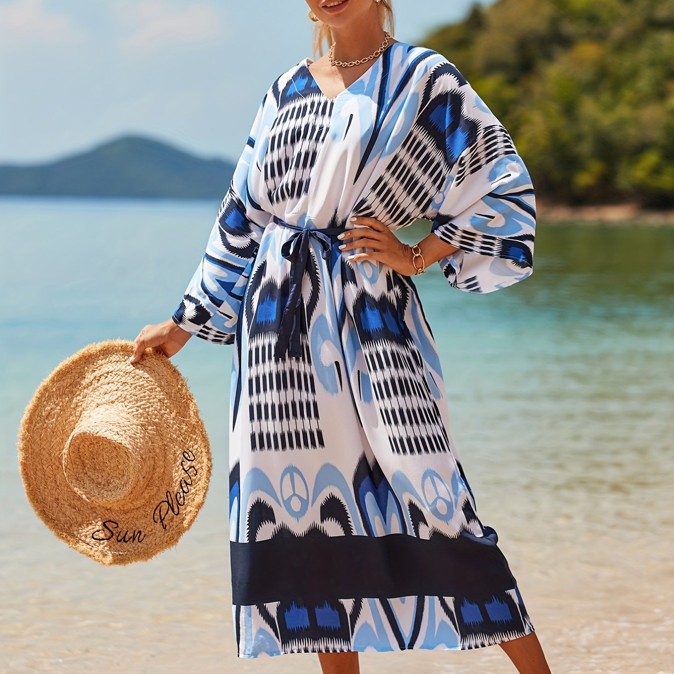  Boho Cover Up Women's Plus Tribal Print Bat Sleeve V Neck Loose