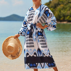  Boho Cover Up Women's Plus Tribal Print Bat Sleeve V Neck Loose