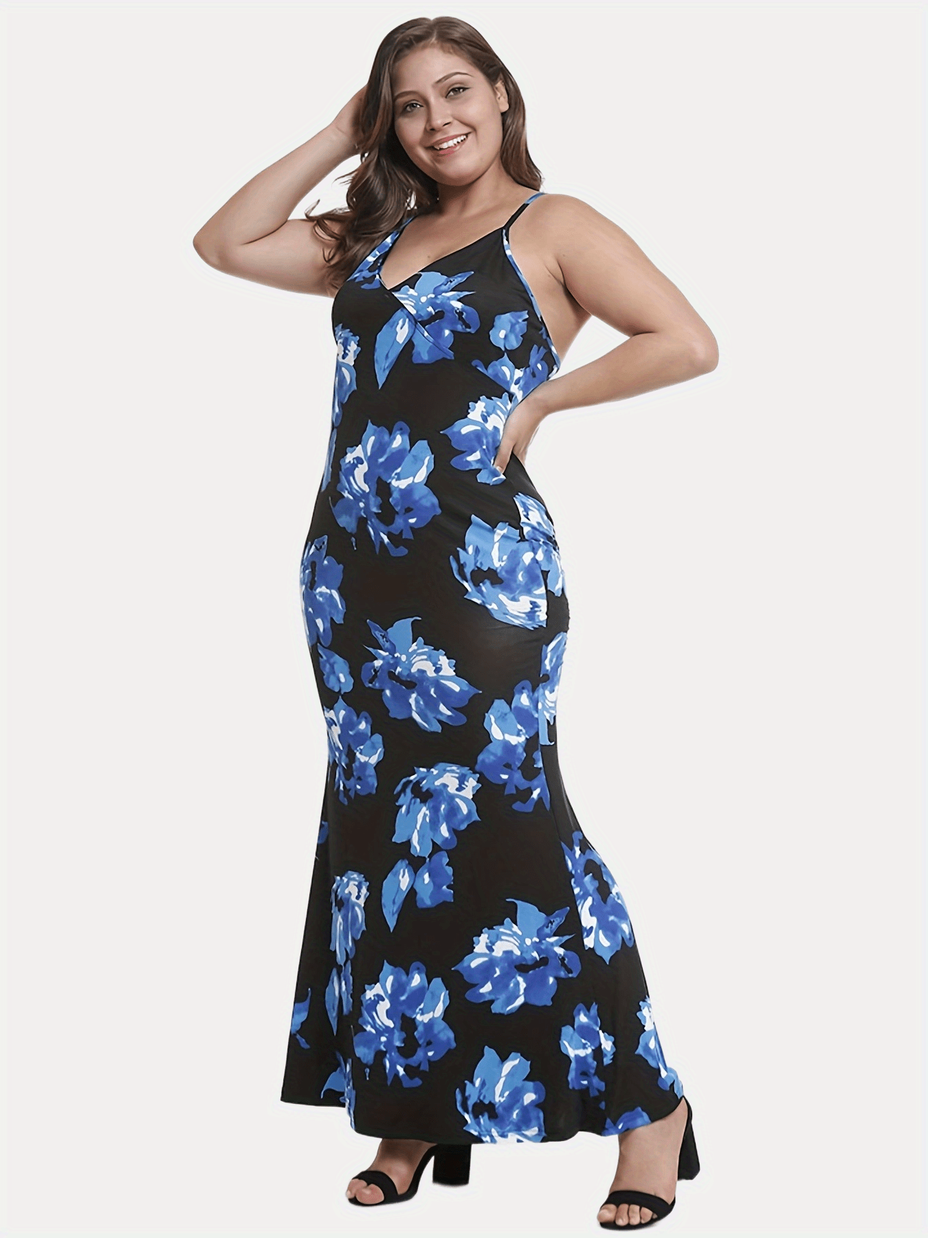 Plus Floral Print Stretch Cami Mermaid Dress