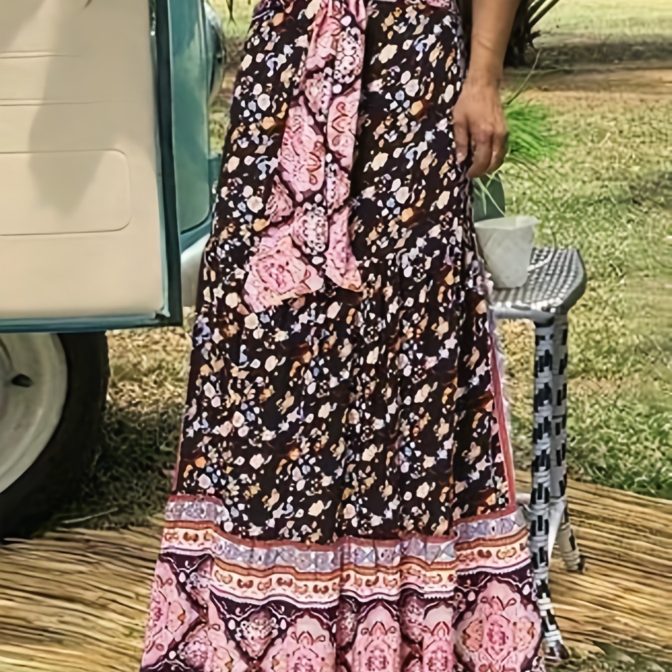  Colorblock Floral Print Boho Maxi Skirt